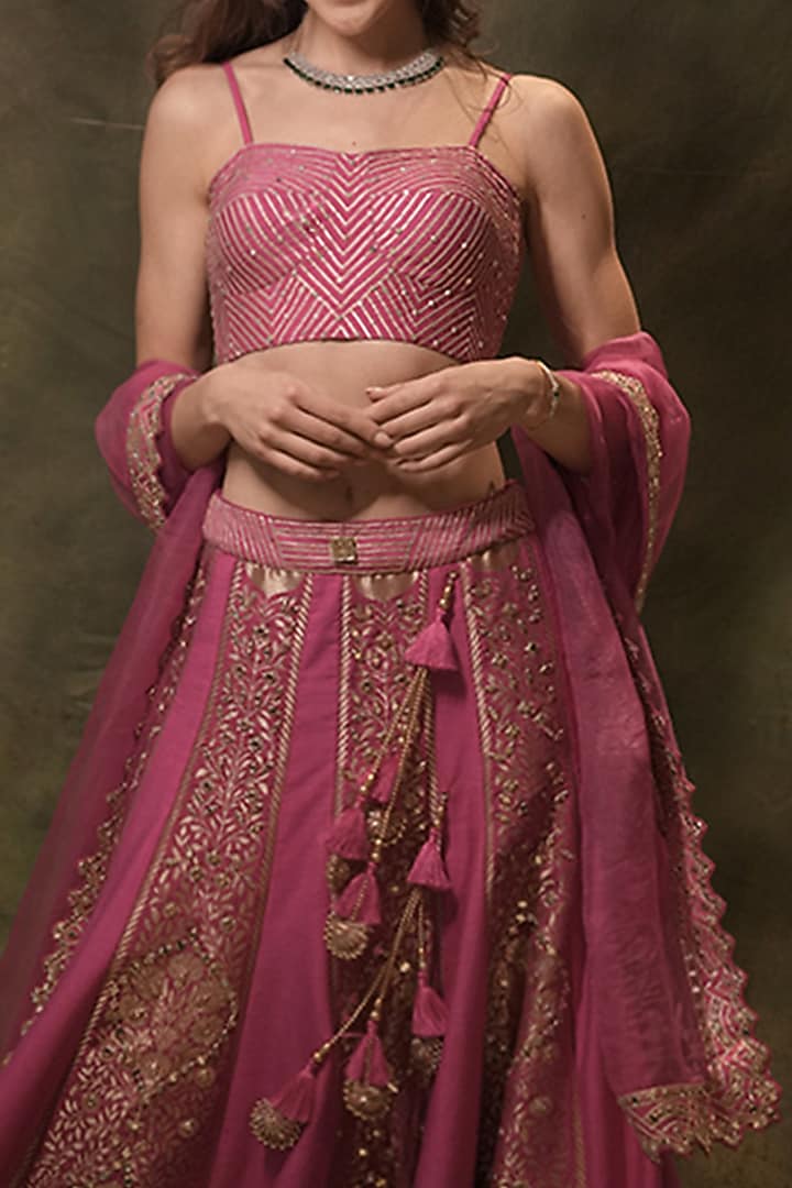 Rani Pink Silk Gota & Thread Embroidered Wedding Lehenga Set by Archana Kochhar at Pernia's Pop Up Shop