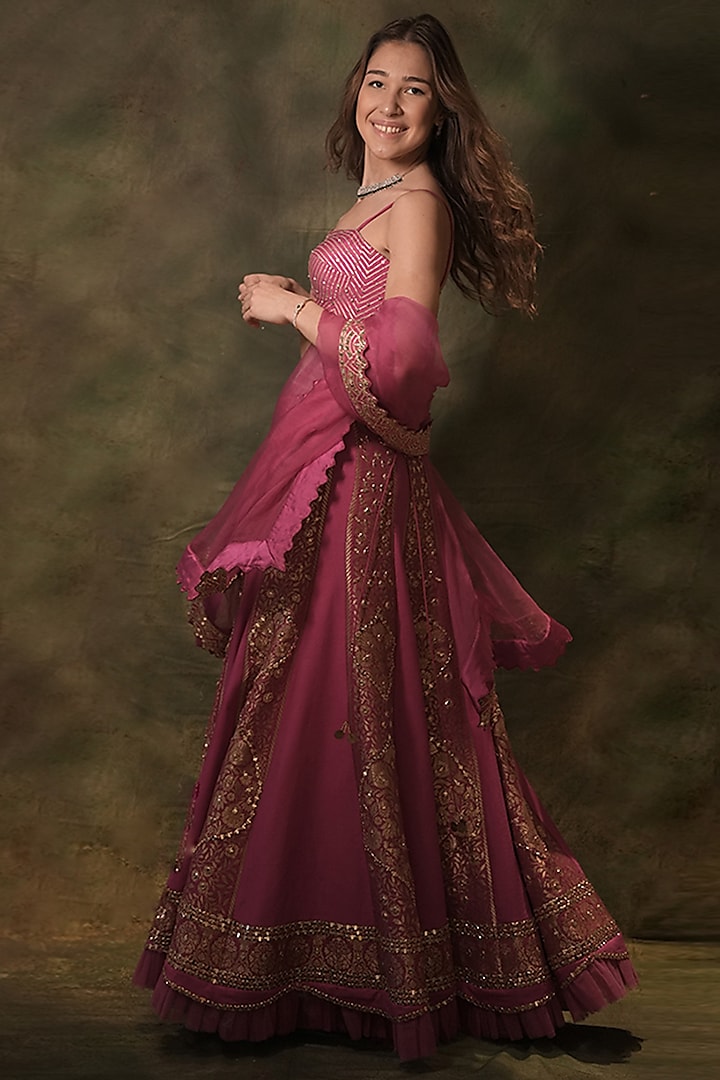 Rani Pink Silk Gota & Thread Embroidered Wedding Lehenga Set by Archana Kochhar at Pernia's Pop Up Shop