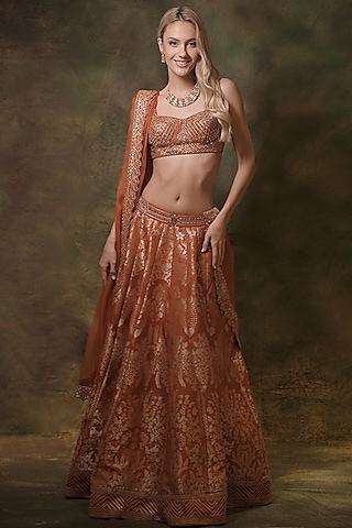 Orange Brocade Thread Embroidered Lehenga Set by Archana Kochhar
