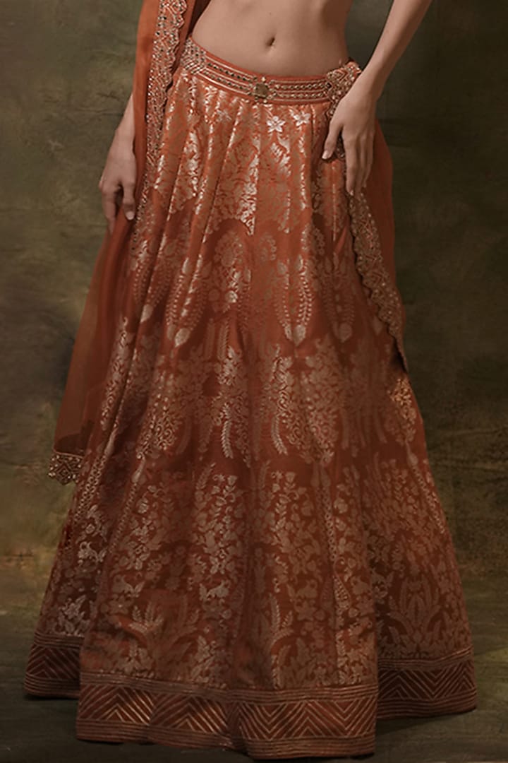 Orange Brocade Thread Embroidered Wedding Lehenga Set by Archana Kochhar at Pernia's Pop Up Shop