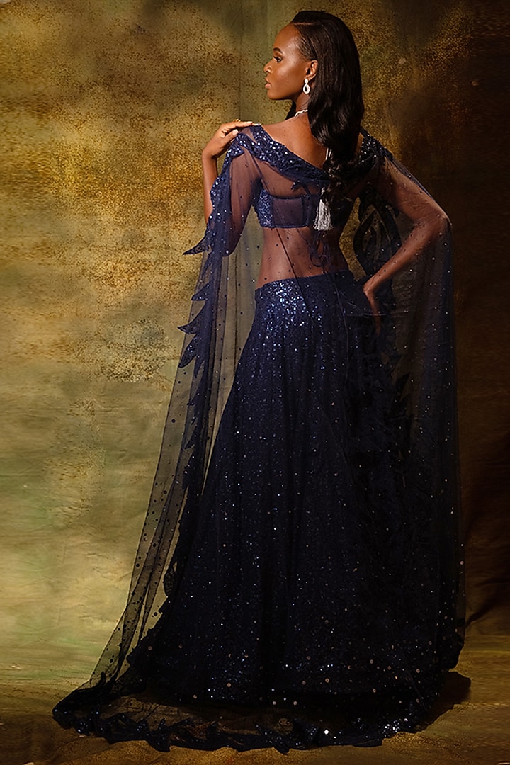 Blue Georgette Sequins Embellished Wedding Lehenga Set by Archana Kochhar at Pernia's Pop Up Shop