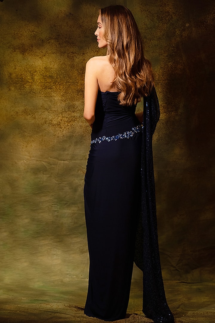 Blue Georgette Sequins & Cutdana Embellished Wedding Gown by Archana Kochhar at Pernia's Pop Up Shop