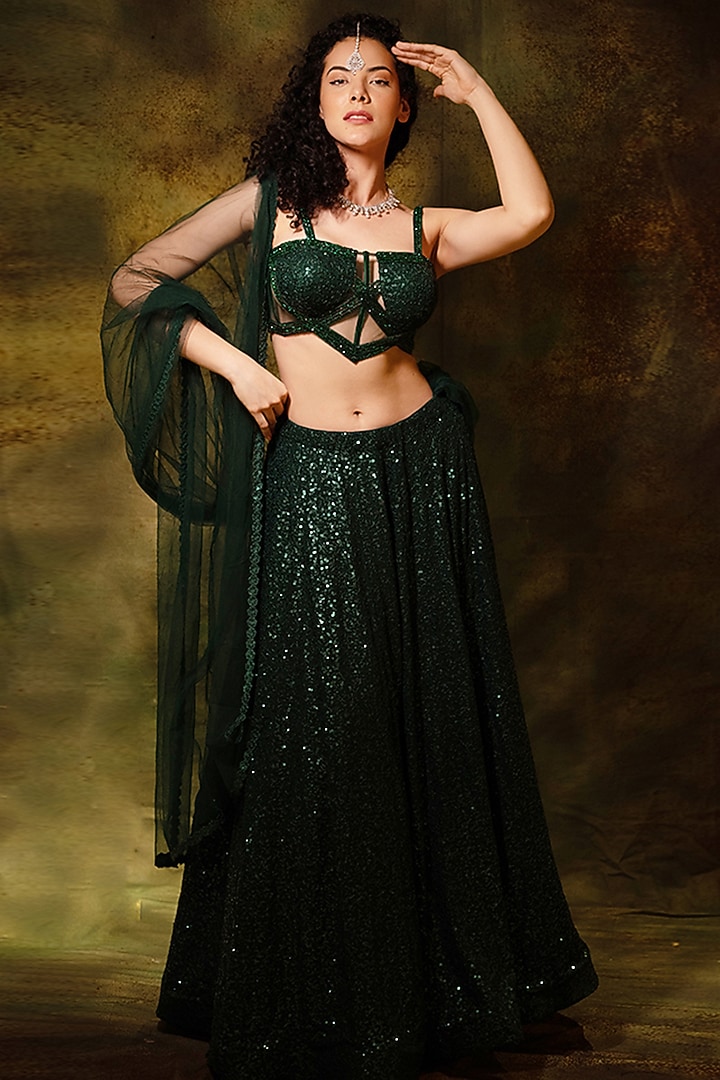 Green Georgette Sequins Embellished Wedding Lehenga Set by Archana Kochhar at Pernia's Pop Up Shop