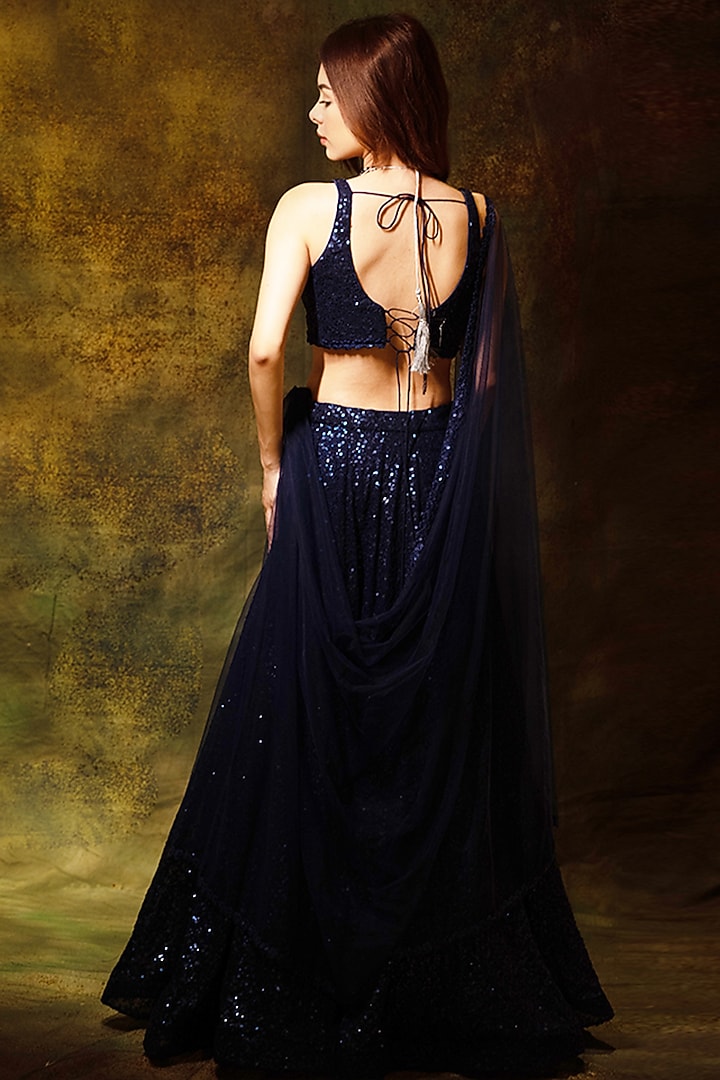 Blue Georgette Sequins Embroidered Wedding Lehenga Set by Archana Kochhar at Pernia's Pop Up Shop