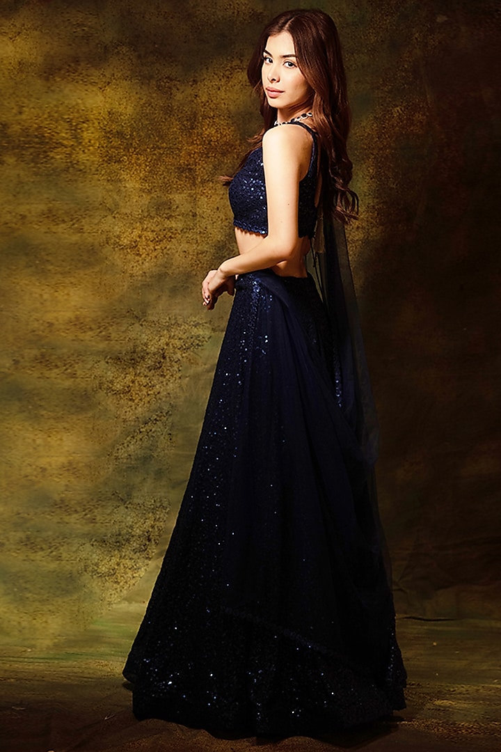 Blue Georgette Sequins Embroidered Wedding Lehenga Set by Archana Kochhar at Pernia's Pop Up Shop