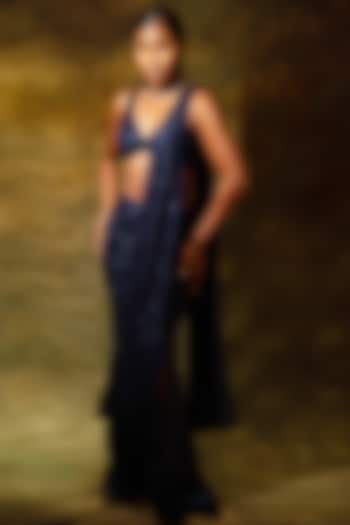 Blue Georgette Sequins Embellished Draped Saree Set by Archana Kochhar