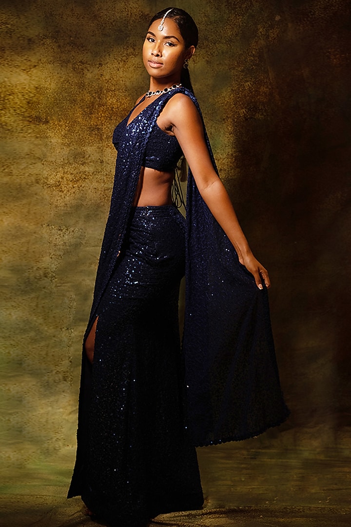 Blue Georgette Sequins Embellished Draped Wedding Saree Set by Archana Kochhar at Pernia's Pop Up Shop