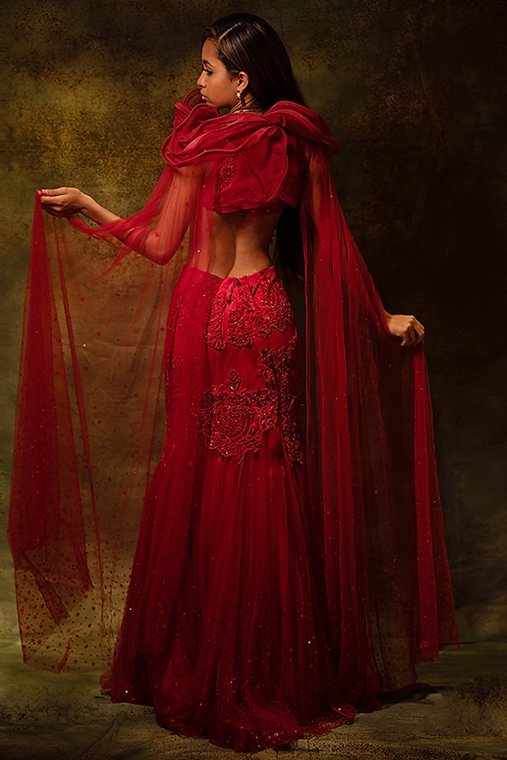Red Net Lace & Swarovski Embellished Wedding Lehenga Set by Archana Kochhar at Pernia's Pop Up Shop