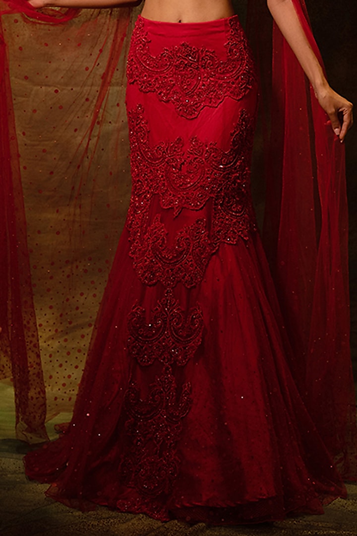 Red Net Lace & Swarovski Embellished Wedding Lehenga Set by Archana Kochhar at Pernia's Pop Up Shop