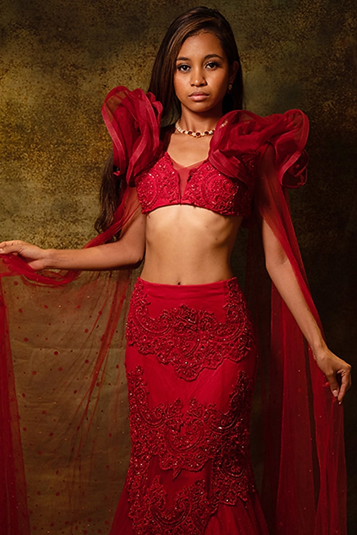 Red Net Lace & Swarovski Embellished Wedding Lehenga Set by Archana Kochhar at Pernia's Pop Up Shop