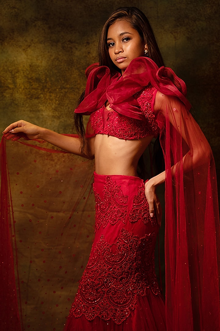 Red Net Lace & Swarovski Embellished Wedding Lehenga Set by Archana Kochhar at Pernia's Pop Up Shop