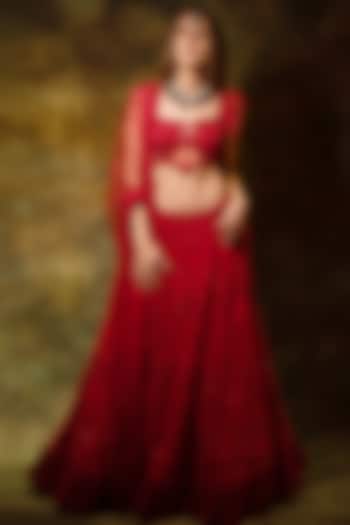Red Net Lace & Swarovski Embellished Lehenga Set by Archana Kochhar