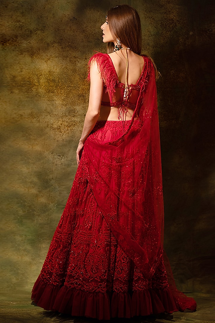 Red Net Lace & Swarovski Embellished Bridal Lehenga Set by Archana Kochhar at Pernia's Pop Up Shop