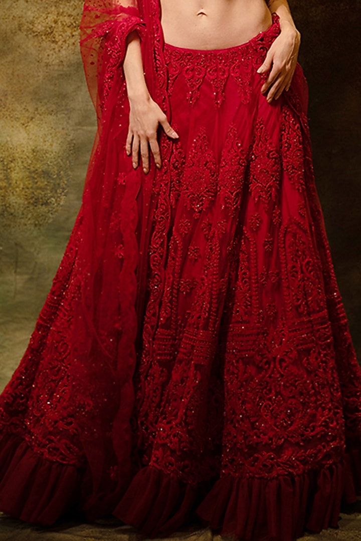Red Net Lace & Swarovski Embellished Bridal Lehenga Set by Archana Kochhar at Pernia's Pop Up Shop