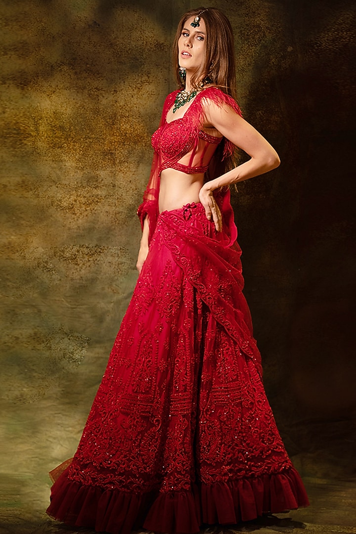 Red Net Lace & Swarovski Embellished Bridal Lehenga Set by Archana Kochhar at Pernia's Pop Up Shop