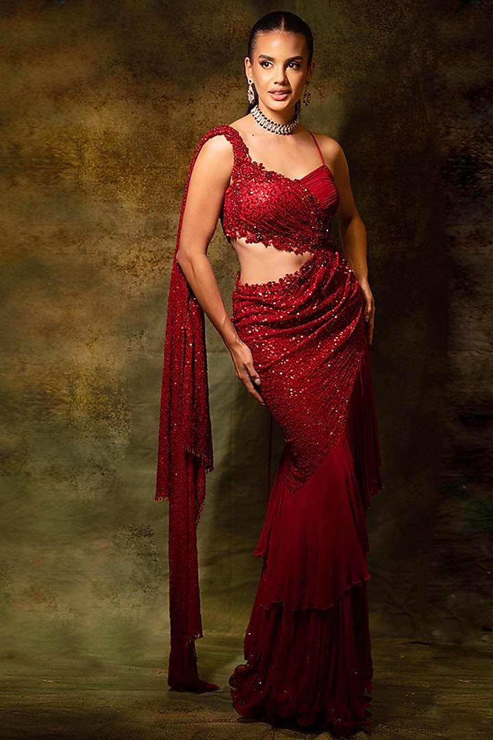 Red Georgette 3D Sequins & Floral Embellished Gown by Archana Kochhar