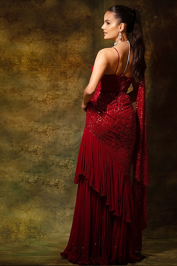 Red Georgette 3D Sequins & Floral Embellished Engagement Gown by Archana Kochhar at Pernia's Pop Up Shop