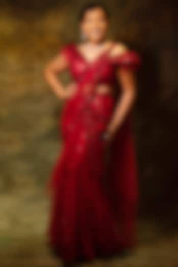 Red Net Hand Embroidered Draped Skirt Wedding Saree Set by Archana Kochhar at Pernia's Pop Up Shop