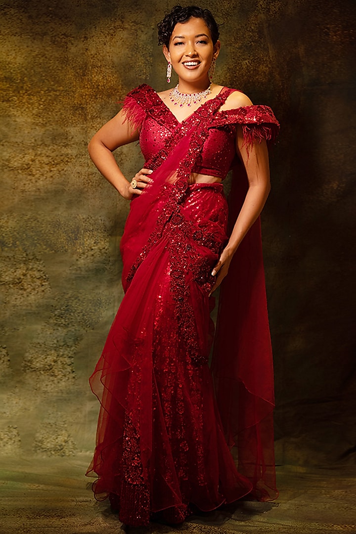 Red Net Hand Embroidered Draped Skirt Wedding Saree Set by Archana Kochhar at Pernia's Pop Up Shop