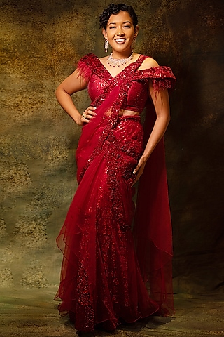Red Net Hand Embroidered Draped Skirt Saree Set by Archana Kochhar