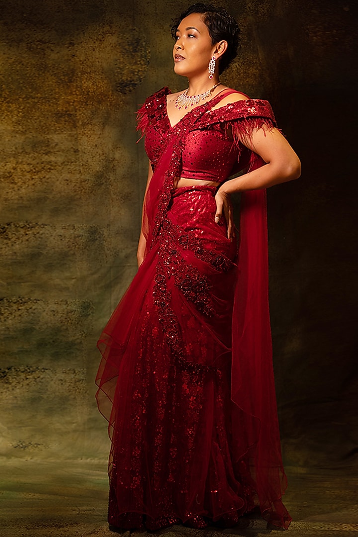 Red Net Hand Embroidered Draped Skirt Wedding Saree Set by Archana Kochhar at Pernia's Pop Up Shop