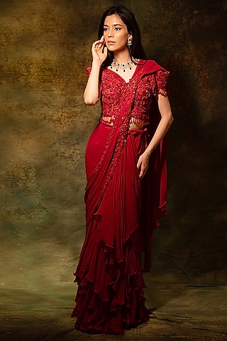 Red Georgette Floral Embroidered Pre-Stitched Skirt Saree Set by Archana Kochhar