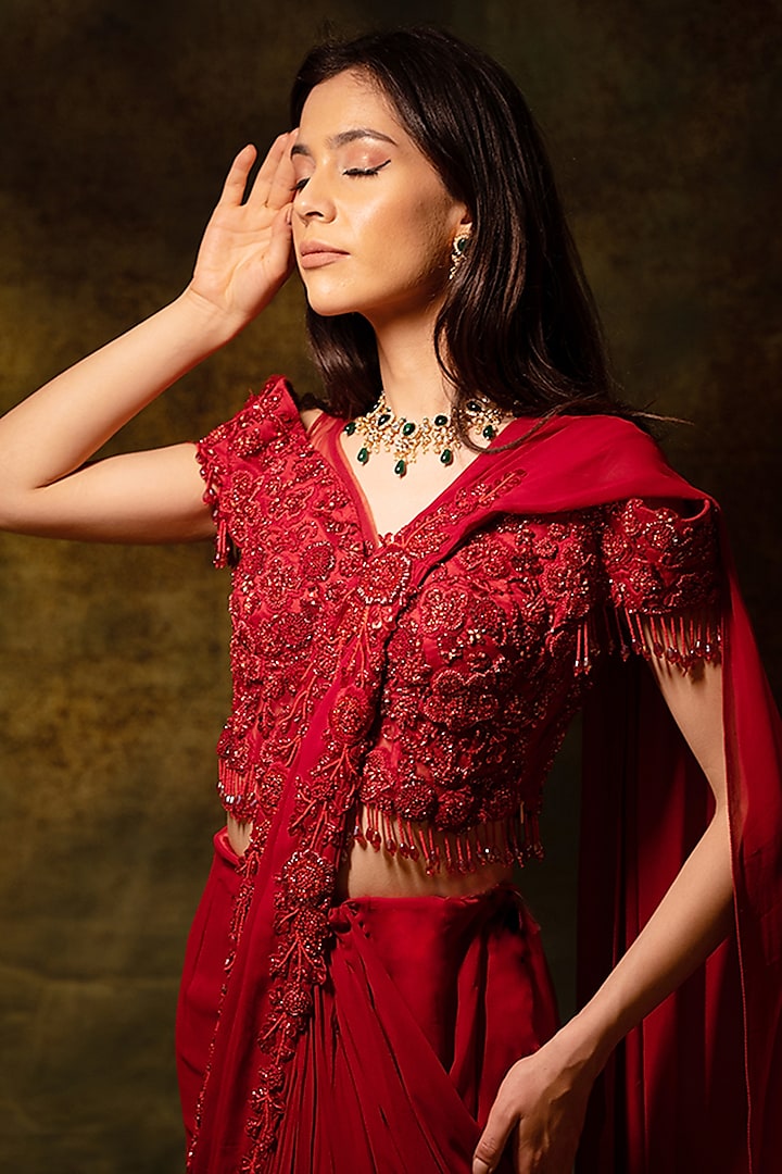 Red Georgette Floral Embroidered Pre-Stitched Skirt Wedding Saree Set by Archana Kochhar at Pernia's Pop Up Shop