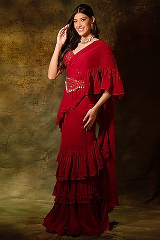 Red Georgette Pre-Stitched Skirt Saree Set by Archana Kochhar
