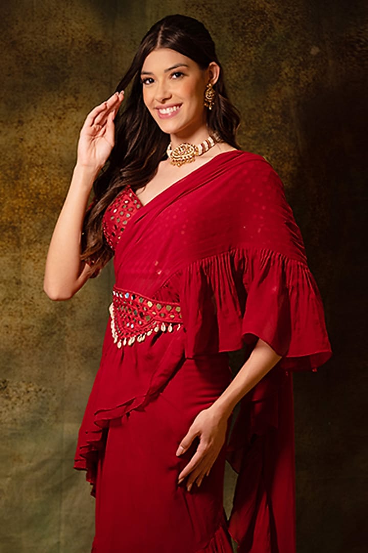 Red Georgette Pre-Stitched Skirt Wedding Saree Set by Archana Kochhar at Pernia's Pop Up Shop
