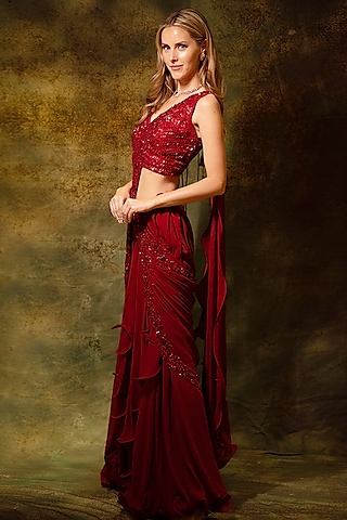 Red Georgette Floral Embroidered Pre-Stitched Skirt Saree Set by Archana Kochhar