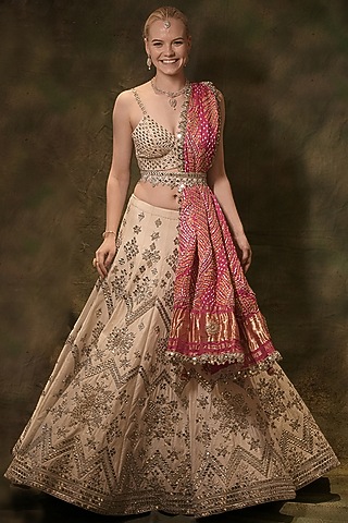 Ivory Raw Silk Bandhani Printed & Mirror Embroidered Lehenga Set by Archana Kochhar