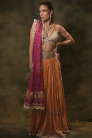 Yellow Pure Bandhani Printed & Hand Embroidered Lehenga Set by Archana Kochhar