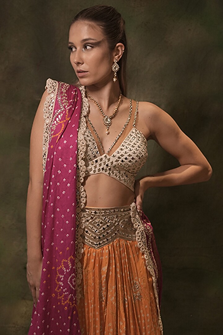 Yellow Pure Bandhani Printed & Hand Embroidered Wedding Lehenga Set by Archana Kochhar at Pernia's Pop Up Shop