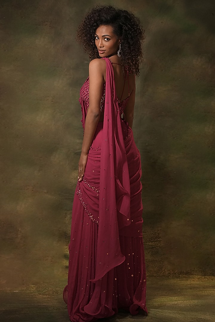 Pink Georgette Mirror Embroidered Pre-Stitched Ruffled Skirt Wedding Saree Set by Archana Kochhar at Pernia's Pop Up Shop