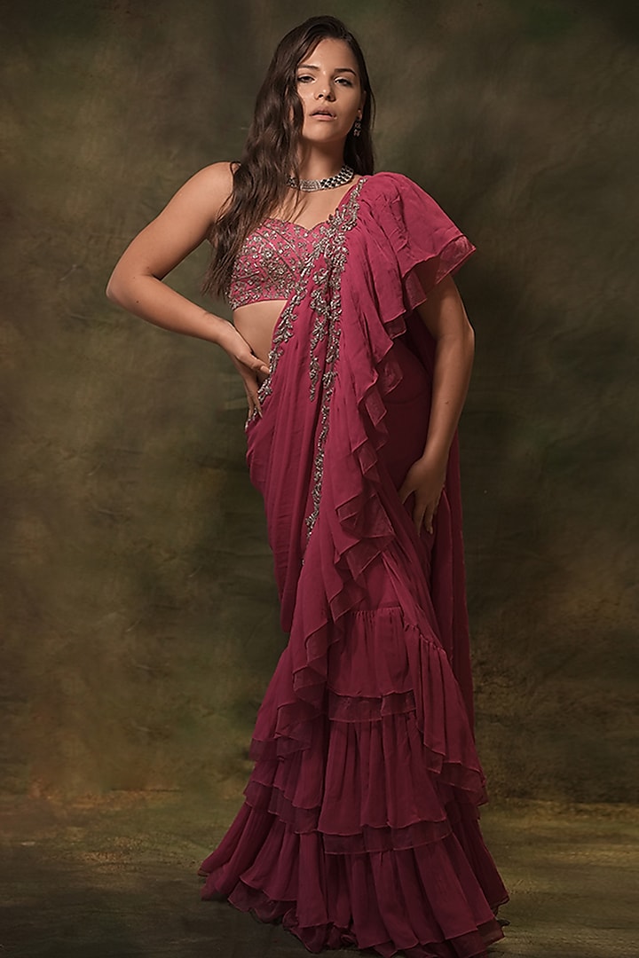 Pink Georgette Hand Embroidered Pre-Stitched Ruffled Skirt Saree Set by Archana Kochhar