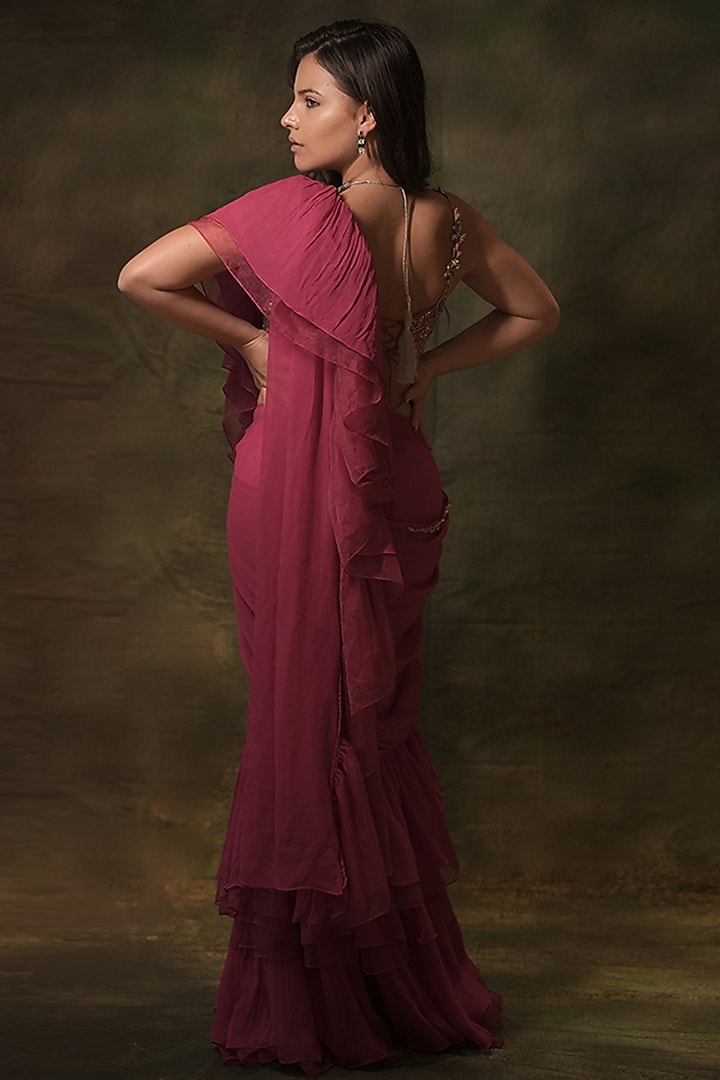 Pink Georgette Hand Embroidered Pre-Stitched Ruffled Skirt Wedding Saree Set by Archana Kochhar at Pernia's Pop Up Shop