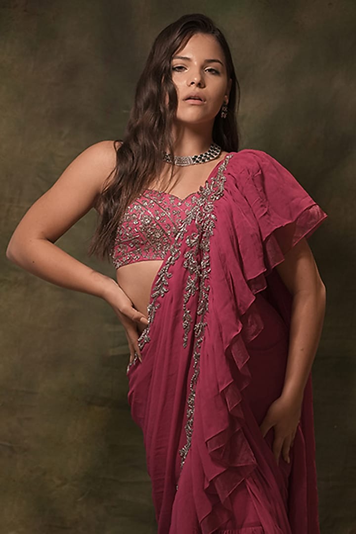 Pink Georgette Hand Embroidered Pre-Stitched Ruffled Skirt Wedding Saree Set by Archana Kochhar at Pernia's Pop Up Shop