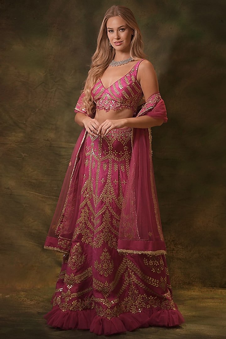 Pink Raw Silk Gota Embroidered Wedding Lehenga Set by Archana Kochhar at Pernia's Pop Up Shop