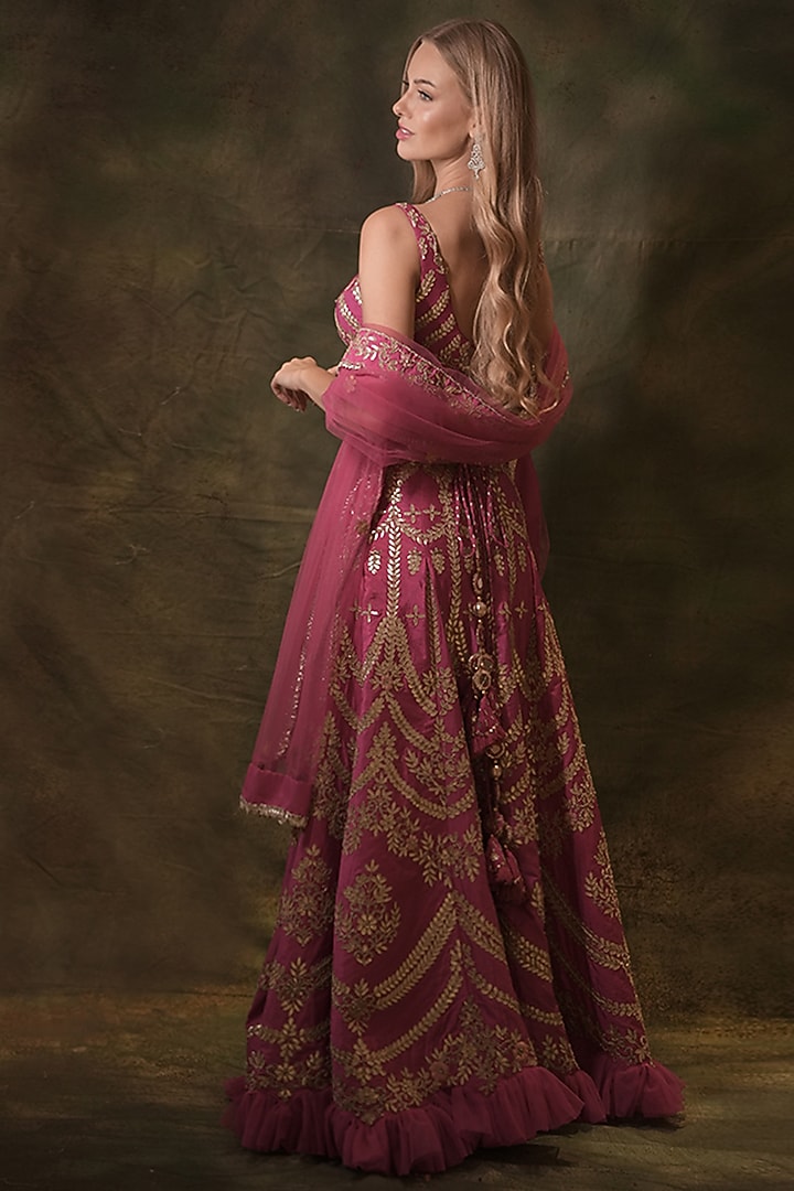 Pink Raw Silk Gota Embroidered Wedding Lehenga Set by Archana Kochhar at Pernia's Pop Up Shop