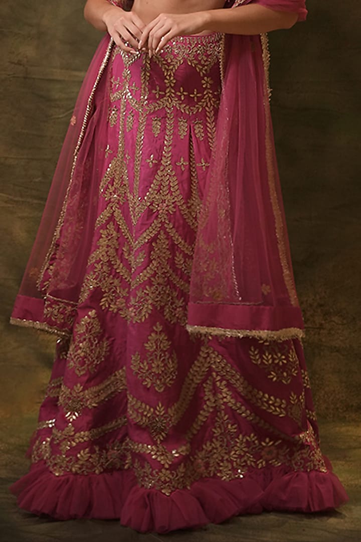 Pink Raw Silk Gota Embroidered Wedding Lehenga Set by Archana Kochhar at Pernia's Pop Up Shop
