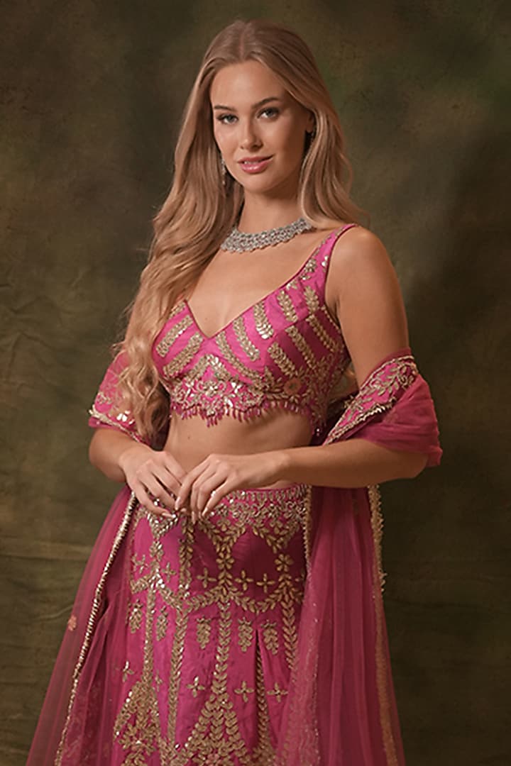 Pink Raw Silk Gota Embroidered Wedding Lehenga Set by Archana Kochhar at Pernia's Pop Up Shop