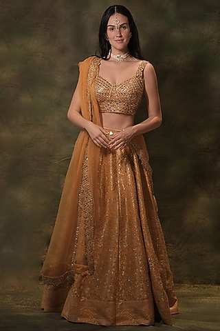 Mustard Silk Gota Thread Embroidered Lehenga Set by Archana Kochhar