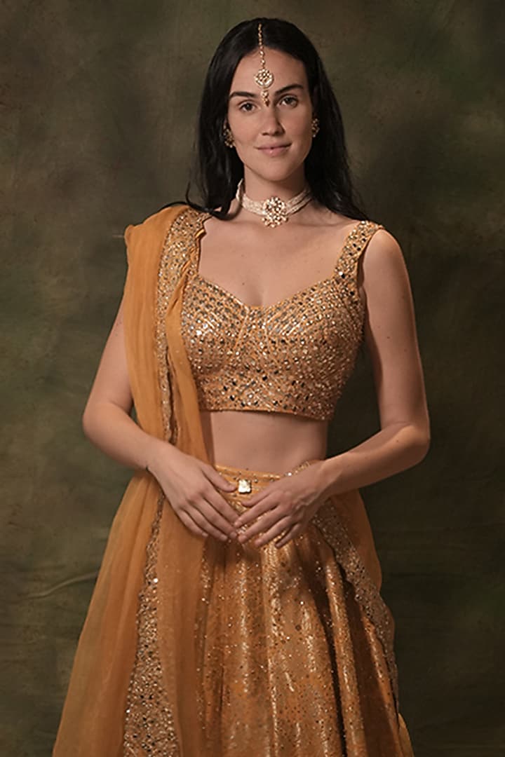 Mustard Silk Gota Thread Embroidered Wedding Lehenga Set by Archana Kochhar at Pernia's Pop Up Shop