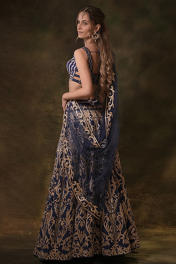 Electric Blue Raw Silk Gota Hand Embroidered Wedding Lehenga Set by Archana Kochhar at Pernia's Pop Up Shop