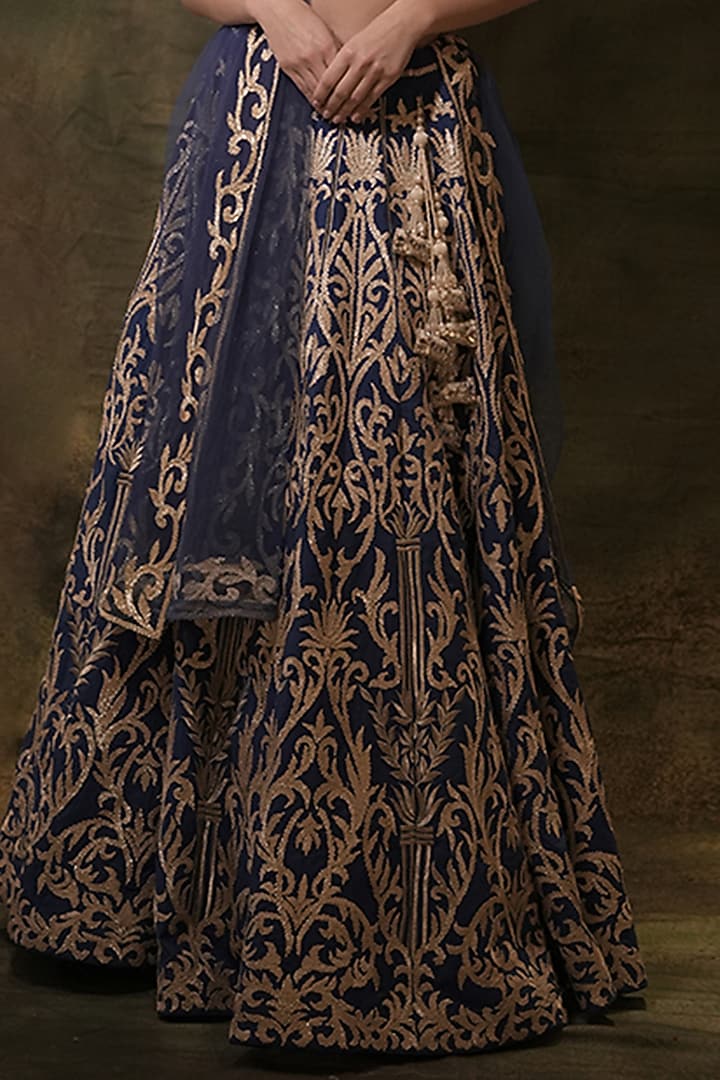 Electric Blue Raw Silk Gota Hand Embroidered Wedding Lehenga Set by Archana Kochhar at Pernia's Pop Up Shop