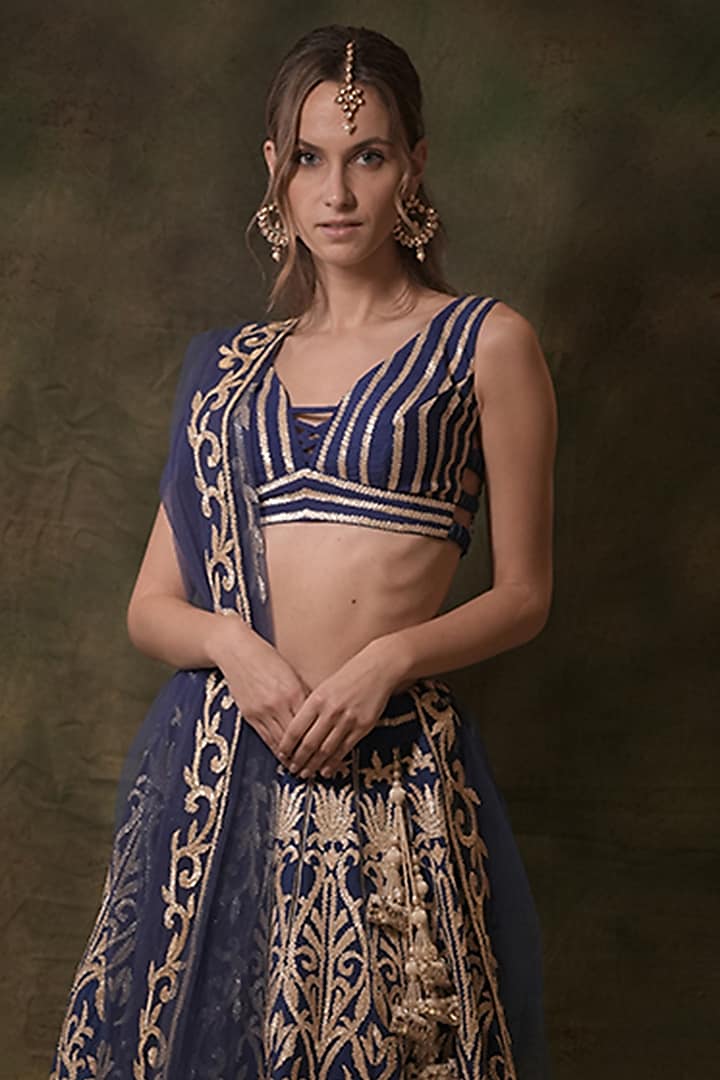 Electric Blue Raw Silk Gota Hand Embroidered Wedding Lehenga Set by Archana Kochhar at Pernia's Pop Up Shop