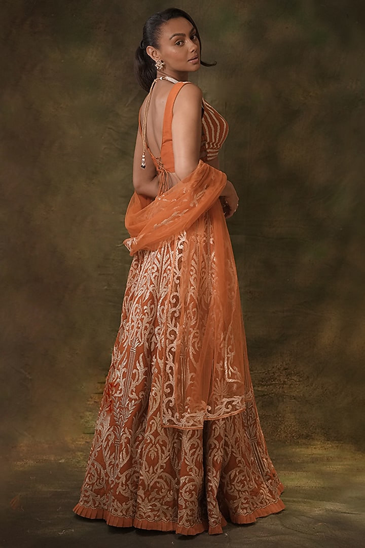 Rust Raw Silk Gota Hand Embroidered Wedding Lehenga Set by Archana Kochhar at Pernia's Pop Up Shop