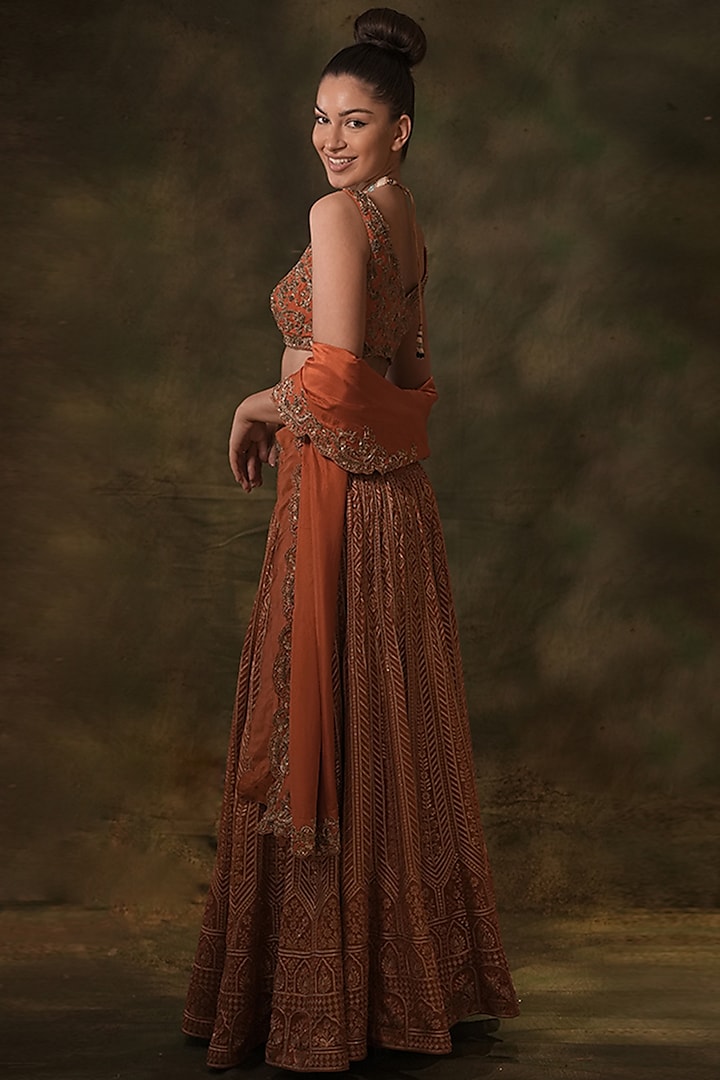 Rust Raw Silk Zardosi Hand Embroidered Bridal Lehenga Set by Archana Kochhar at Pernia's Pop Up Shop