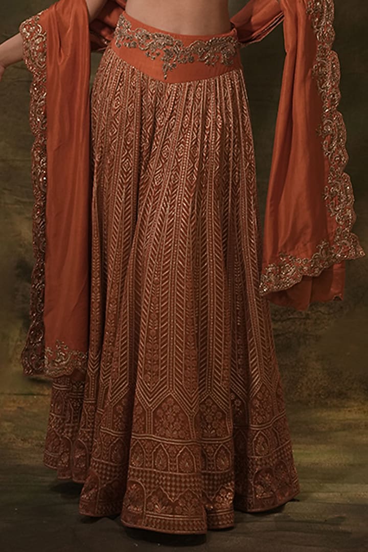 Rust Raw Silk Zardosi Hand Embroidered Bridal Lehenga Set by Archana Kochhar at Pernia's Pop Up Shop