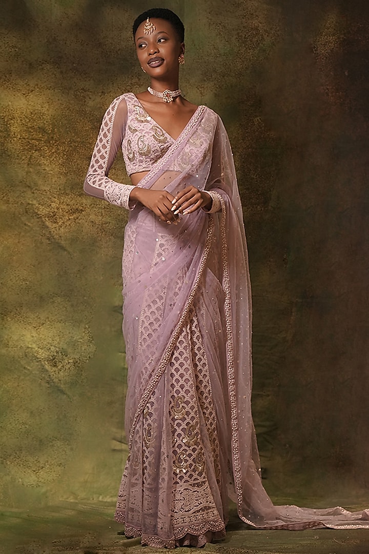Lilac Net Lucknowi Thread Work Pre-Stitched Skirt Saree Set by Archana Kochhar